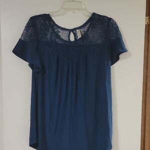 PerSeption Concept Navy Crochet Yoke Blouse